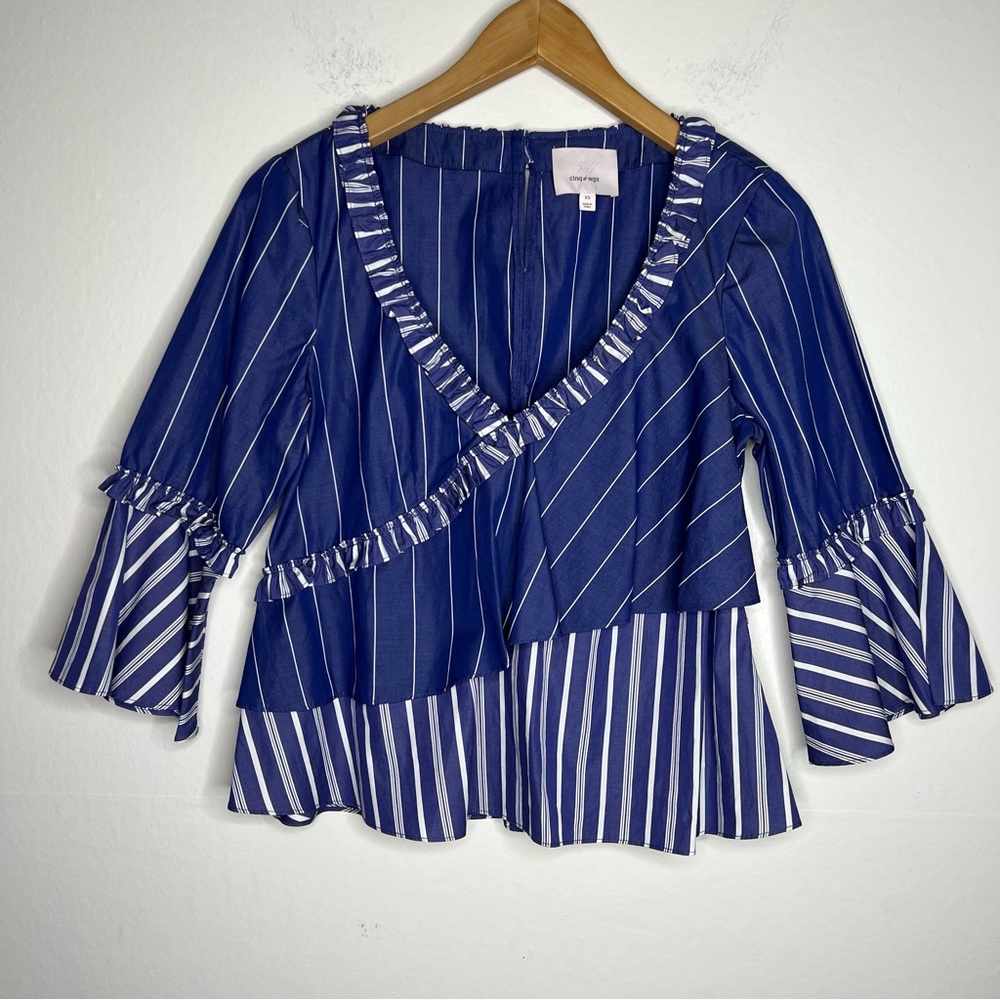 Cinq a Sept Fran Mixed Striped Ruffle Top Blue Sz XS - Picture 4 of 11